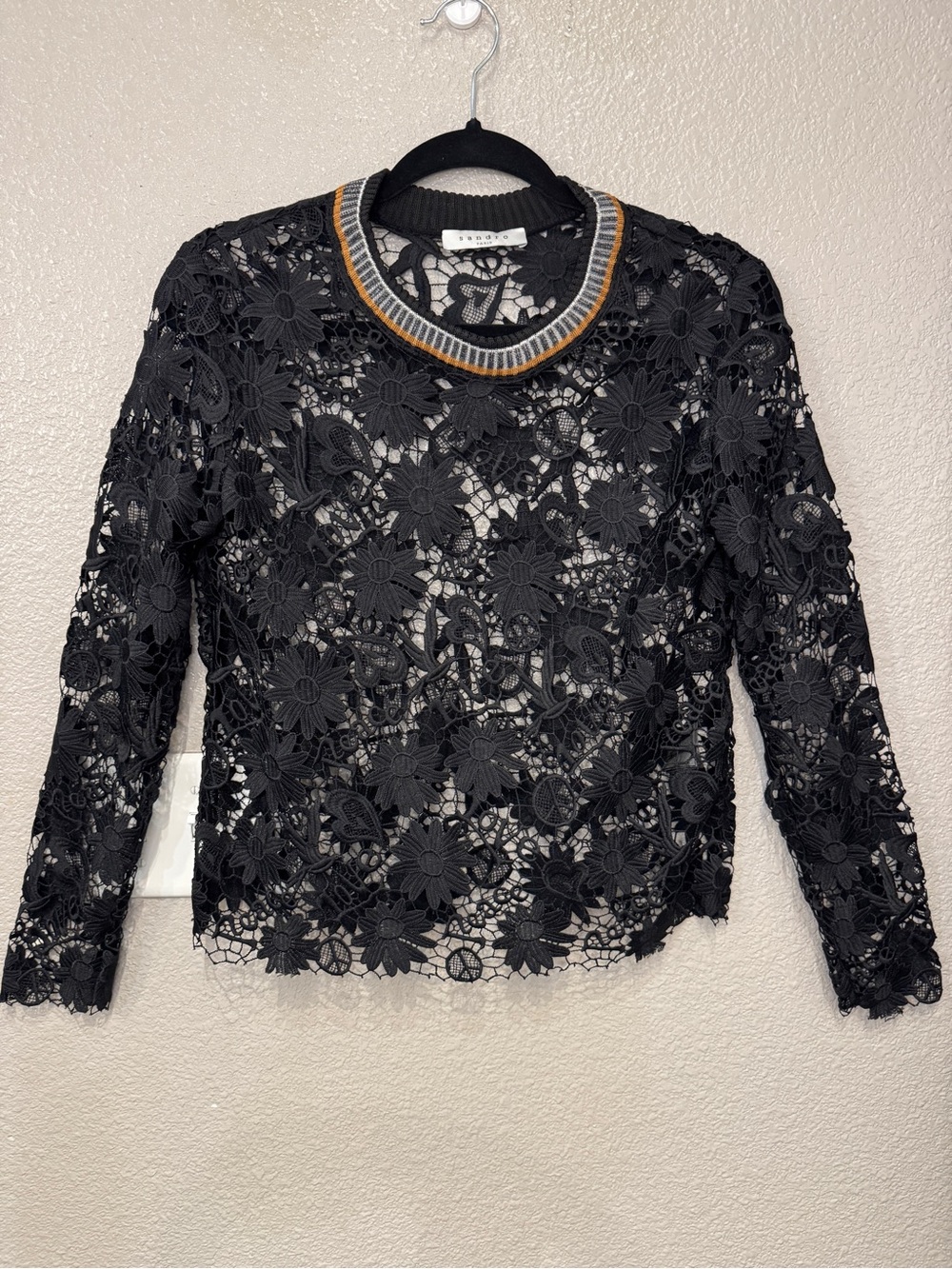Sandro Paris Black Floral Lace Long Sleeve Top Size 4 Striped Rib Neck